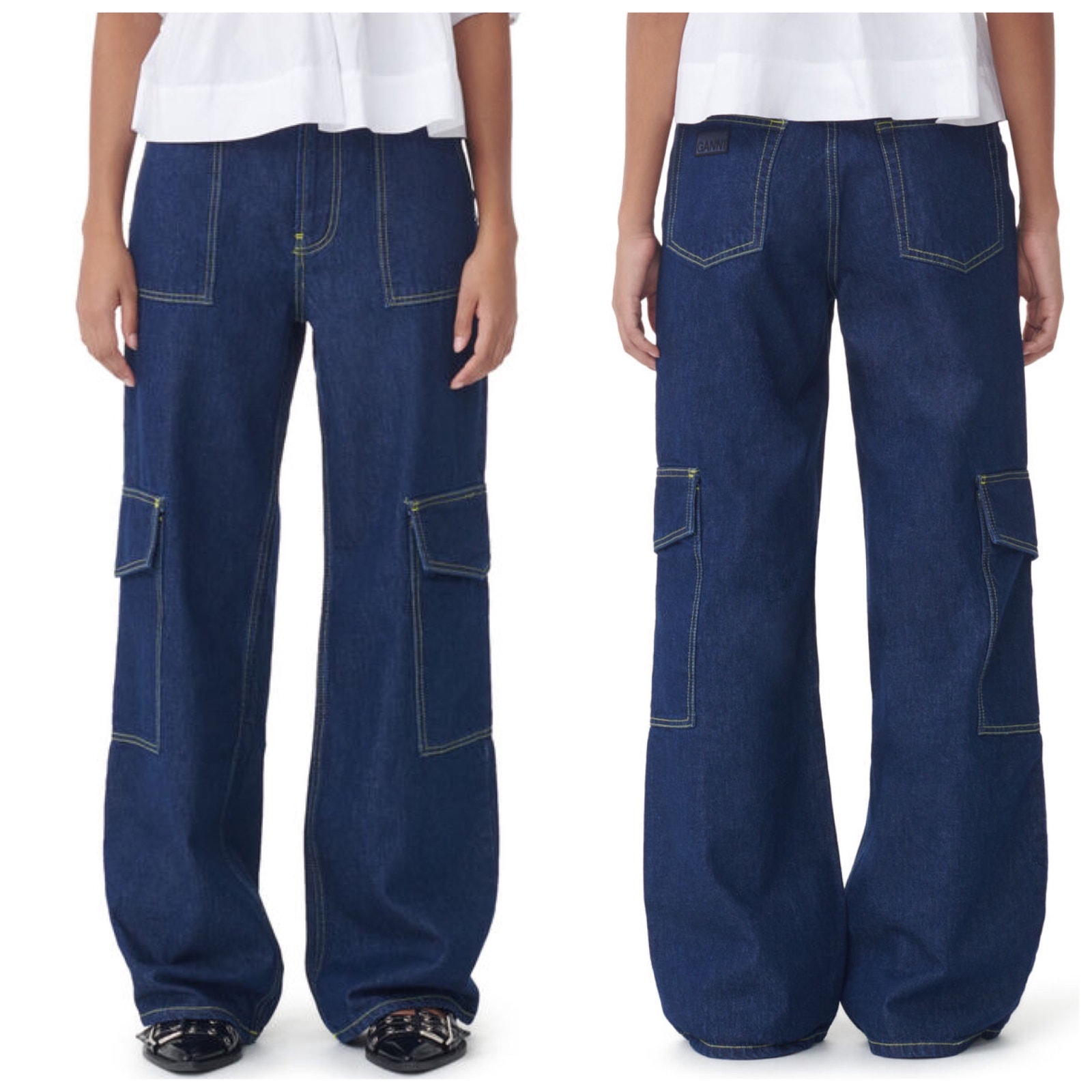 NEW Ganni Angi Wide Leg Cargo Jeans Rinse Denim