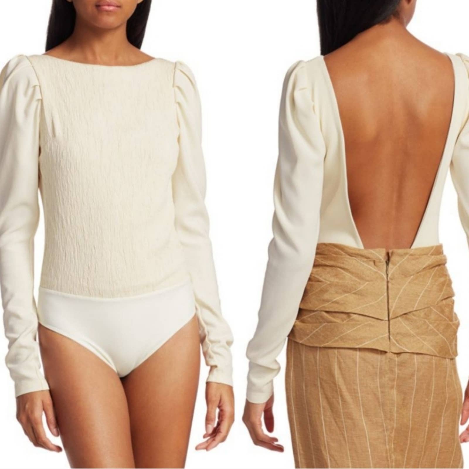 Johanna Ortiz Paintery Ruffle Shoulder Linen Bodysuit in cream size 10 New