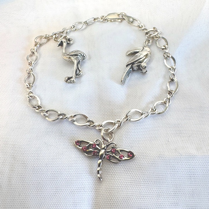 VTG Sterling Silver 925 Pink CZ Dragonfly & Flamingo Link Bracelet Size 7.25''
