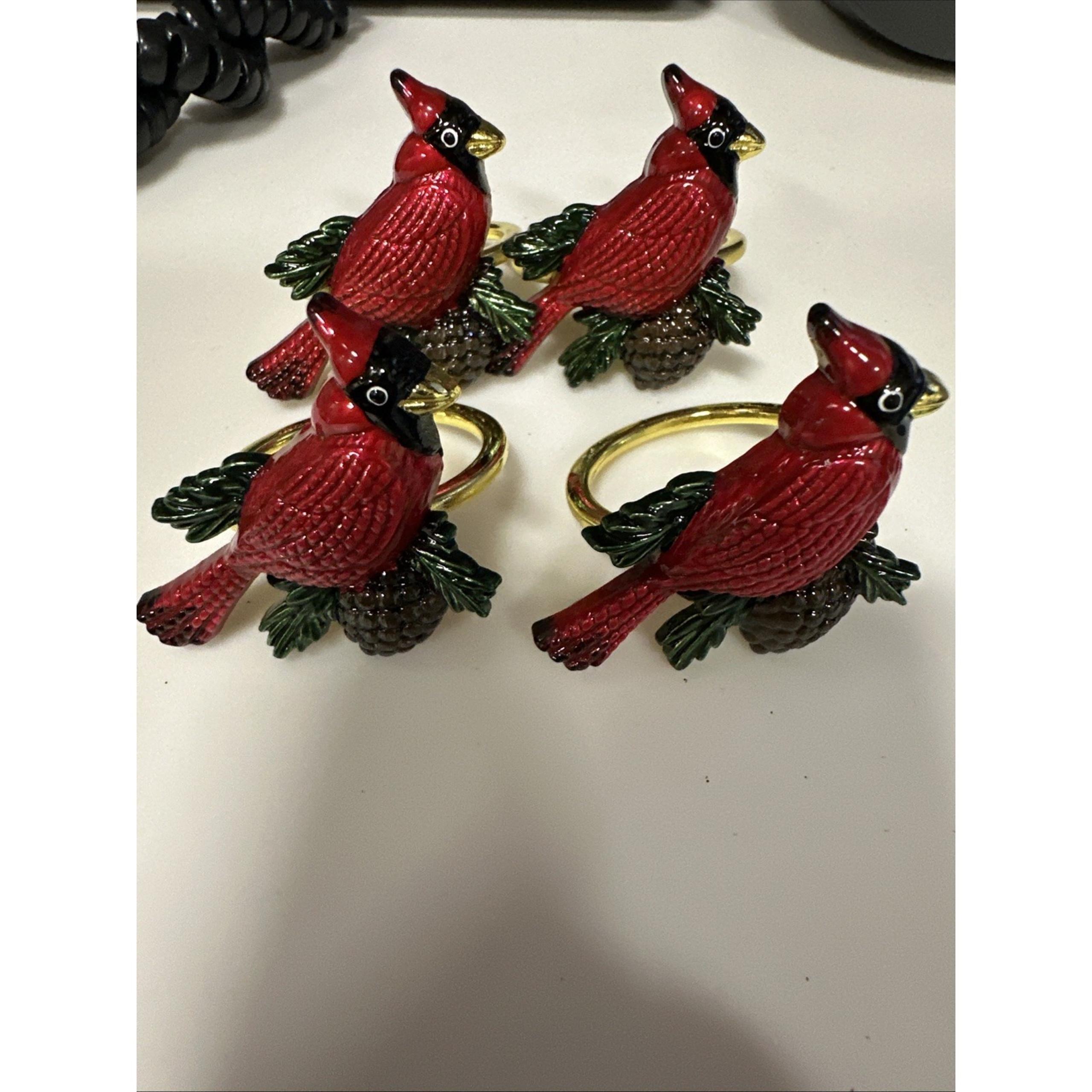 Lenox Cardinal Enamel Napkin Rings Set Of 4 Red Birds Pinecones Leaves