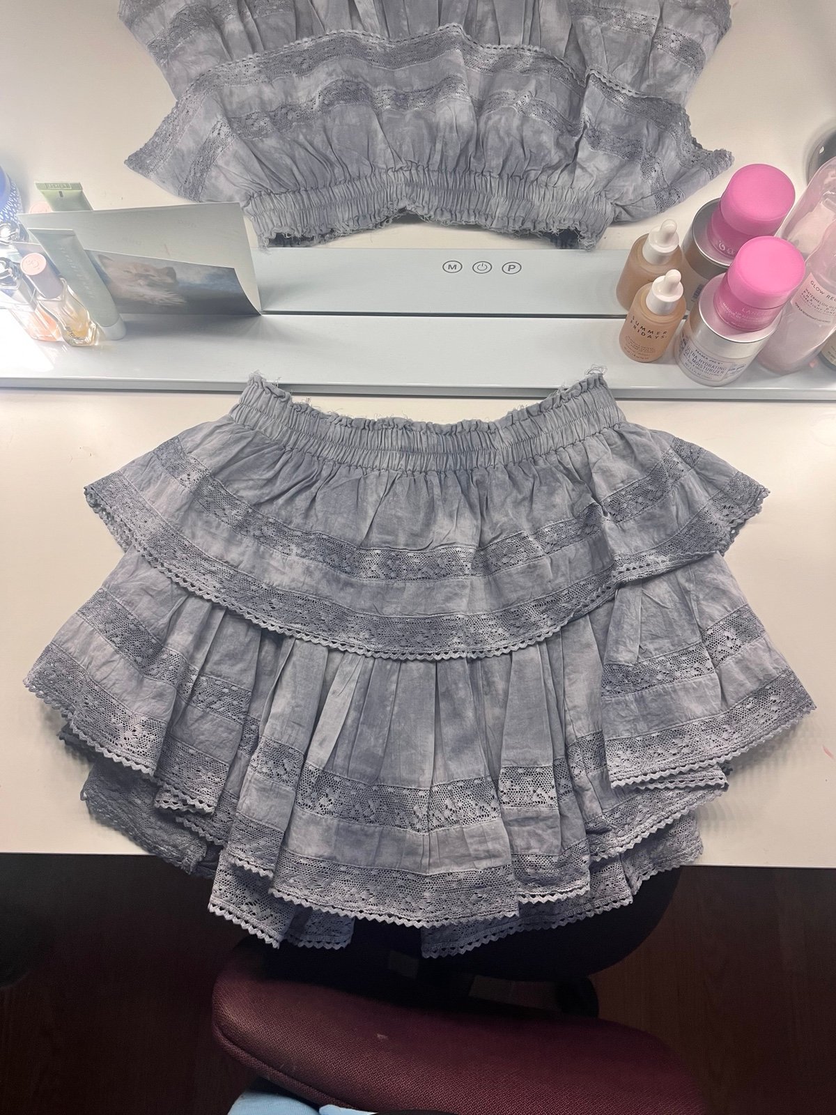 Love Shack Fancy Ruffle Mini Skirt - Washed Demin Hand Dye - NEVER WORN