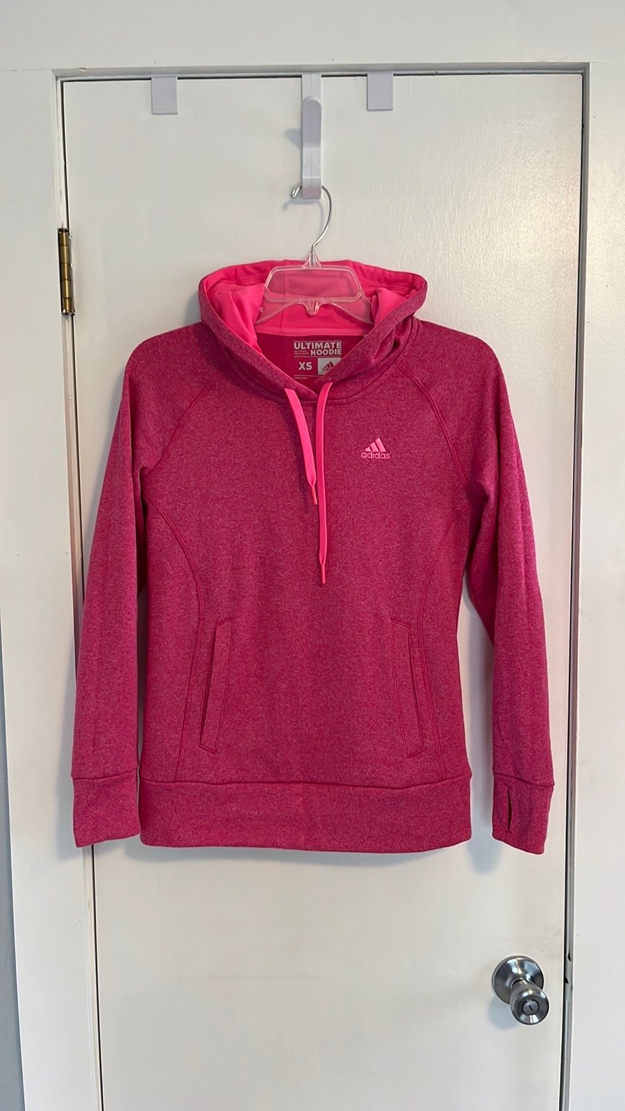 Adidas 3 Stripes Heather Pink Ultimate Hoodie. Classic and cozy! Pretty dark pin