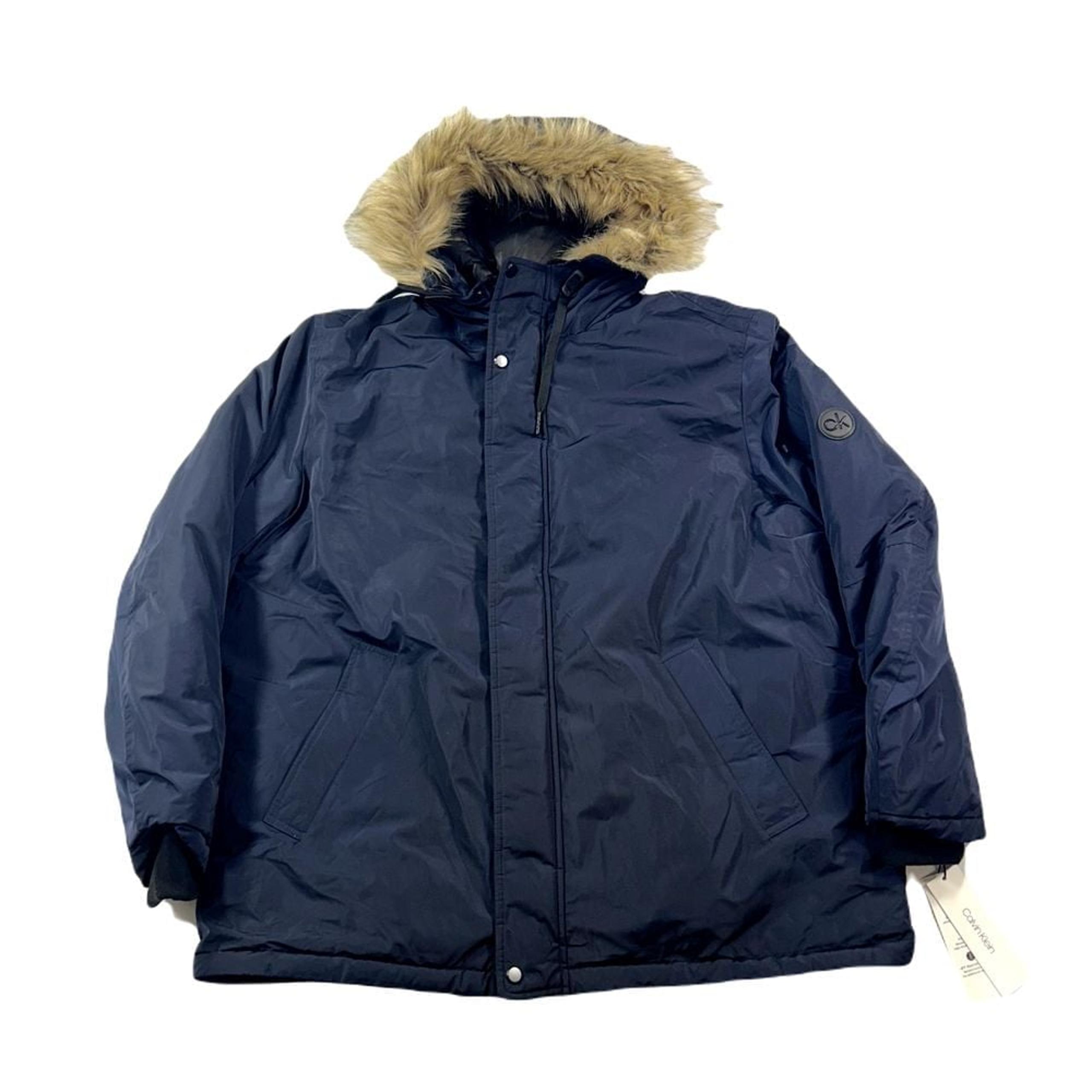 Calvin Klein Arctic Parka Jacket Mens XL Navy Blue Removable Hood Faux Fir $350