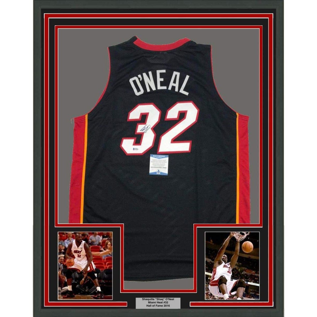 Framed Autographed/Signed Shaquille Shaq O'Neal 35x39 Miami Black Jersey Becket