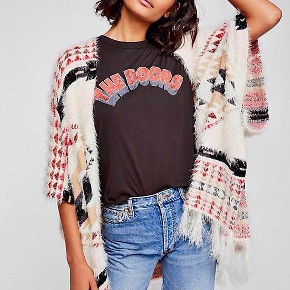 Free People Canyonland Fringe Kimono. NWOT. One Size. Cream, Red & Black.