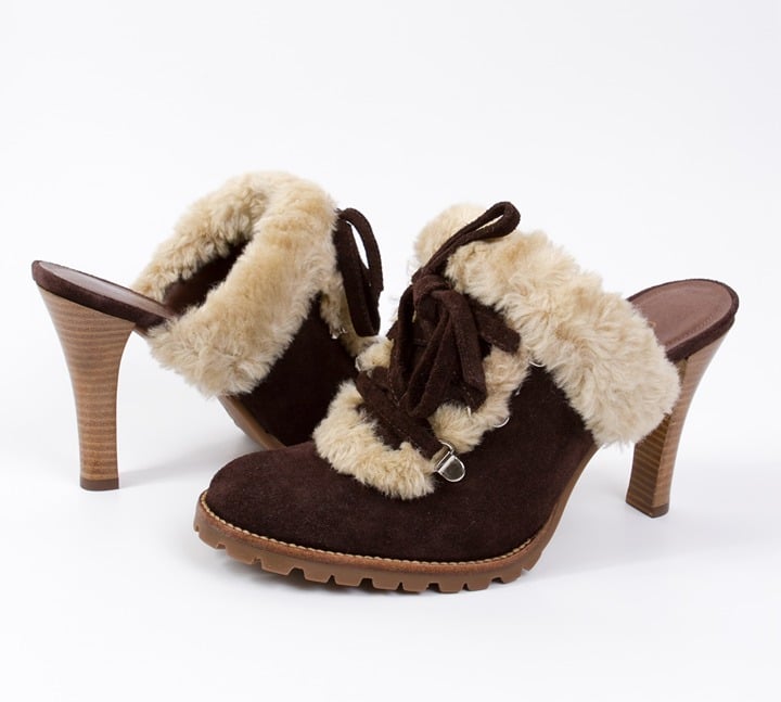 GIANNI BINI Brown Suede Rugged Sole Slip-on Heels with Furry Cuffs - Size 6