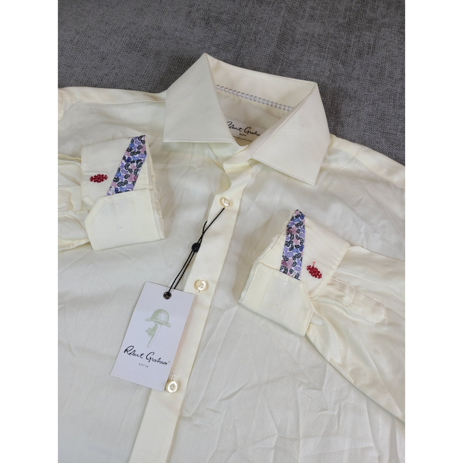*NWT* Robert Graham Shirt Mens Off White Casual Button Flip Cuff Textured - 15.5