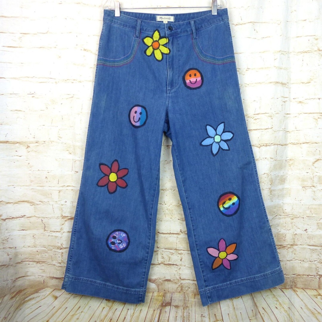 Madewell Emmett Wide Leg Crop Jean Women 32 DIY Floral Face Paint Rainbow Stitch