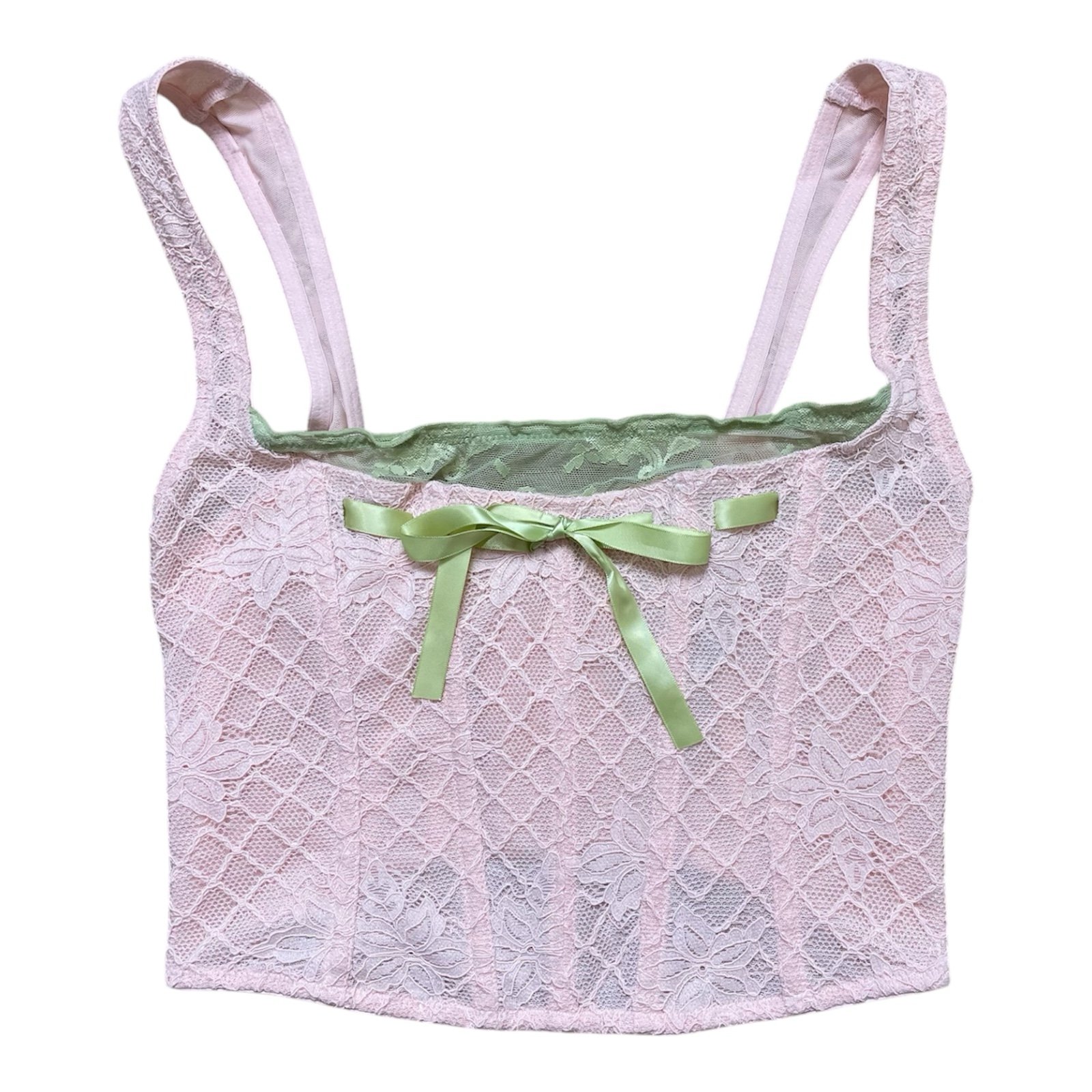 Urban Outfitters | Pink & Green Out From Under Aster Lace & Ribbon Corset Tank