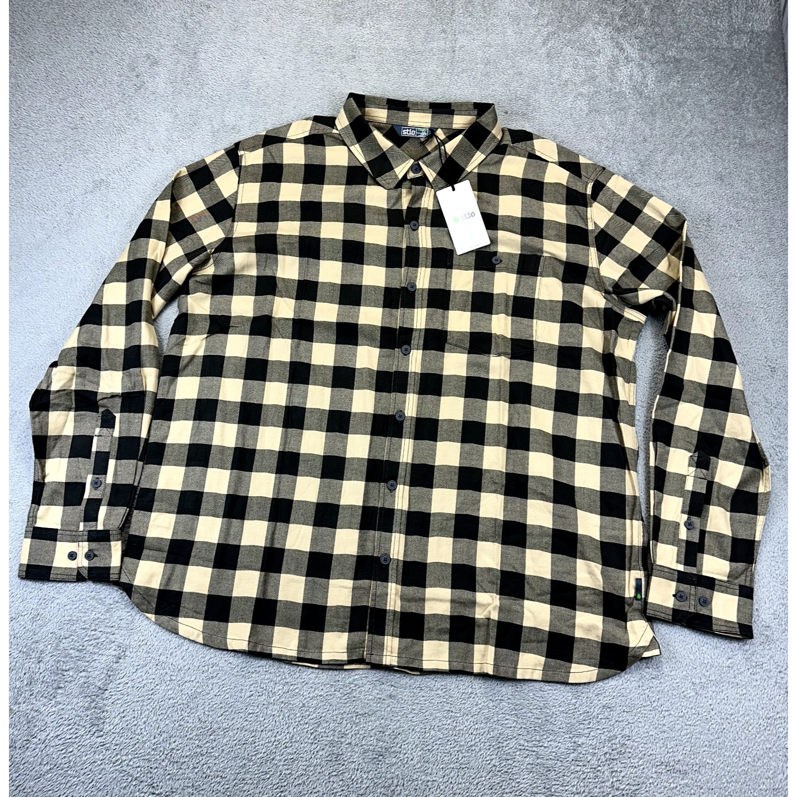 NWT Mens Stio Miter Flannel Brown Check Button Up XXL 2XL 100% Organic Cotton