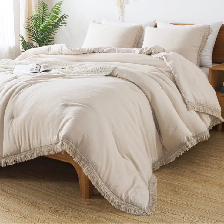 3 pieces boho tassel comforter set beige queen size