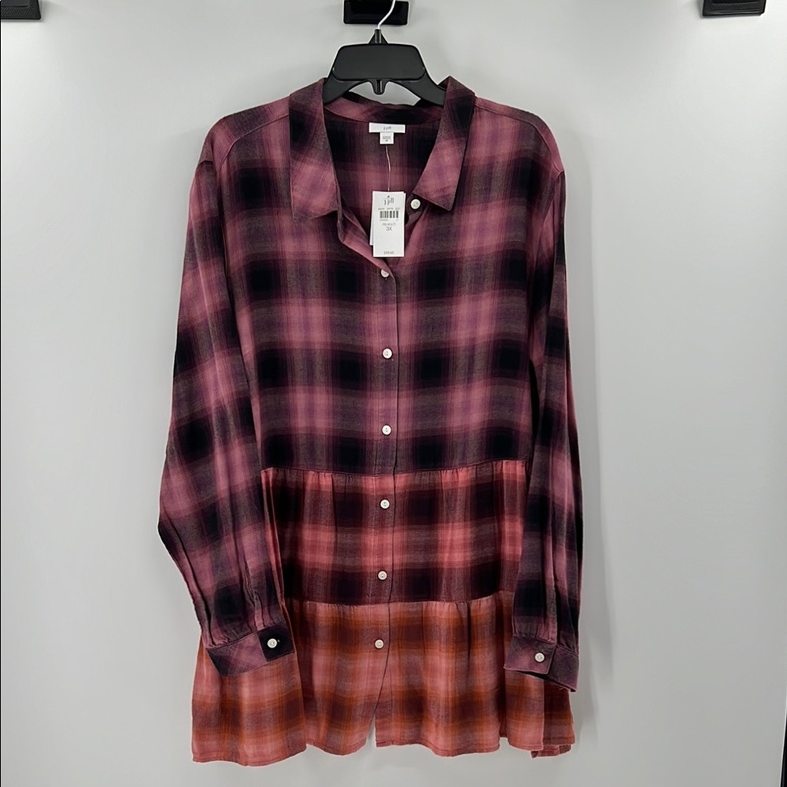 J. Jill Women's Ombre Plaid Tired Long Sleeve Button Shirt - Fig Multi - 3X NWT
