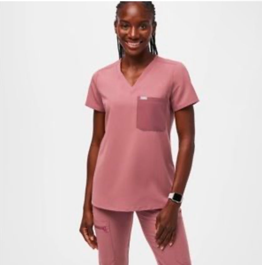 Figs Mauve Short Sleeve Catrina Contrast One Pocket Scrub Top