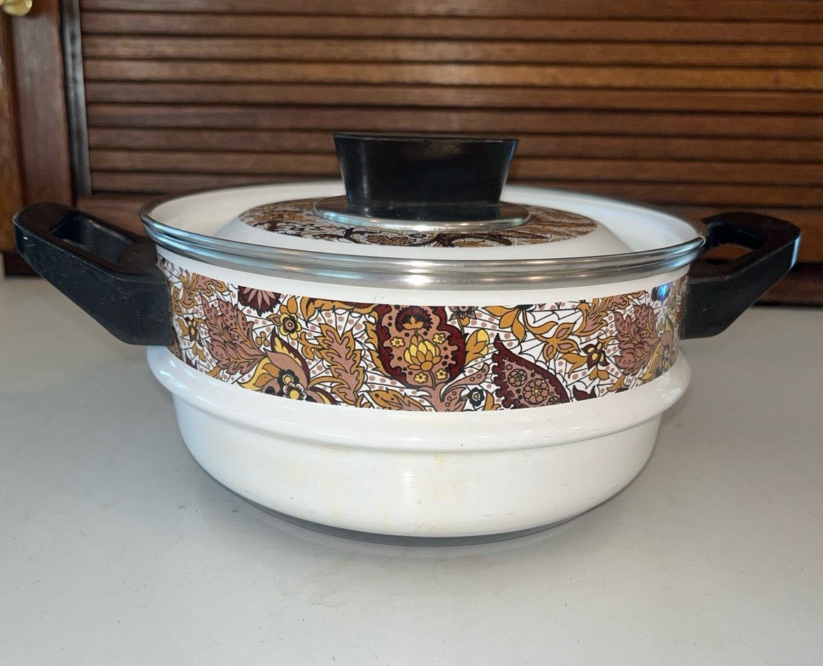 Vintage Retro MCM 70s paisley fancypans cooking pot w lid