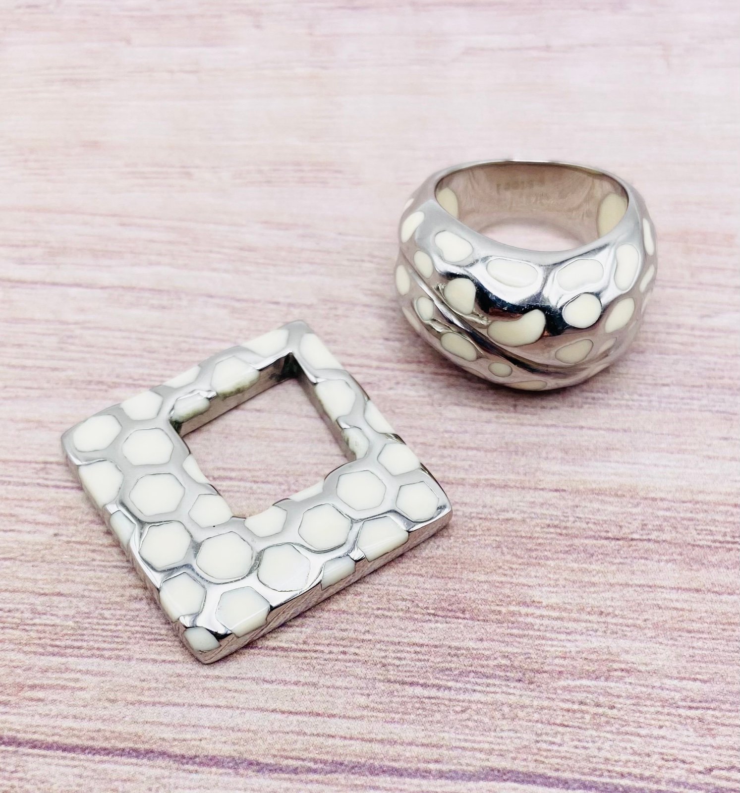 ESPRIT Stainless Steel Ivory Enamel Ring Set with Matching Pendant Size 6