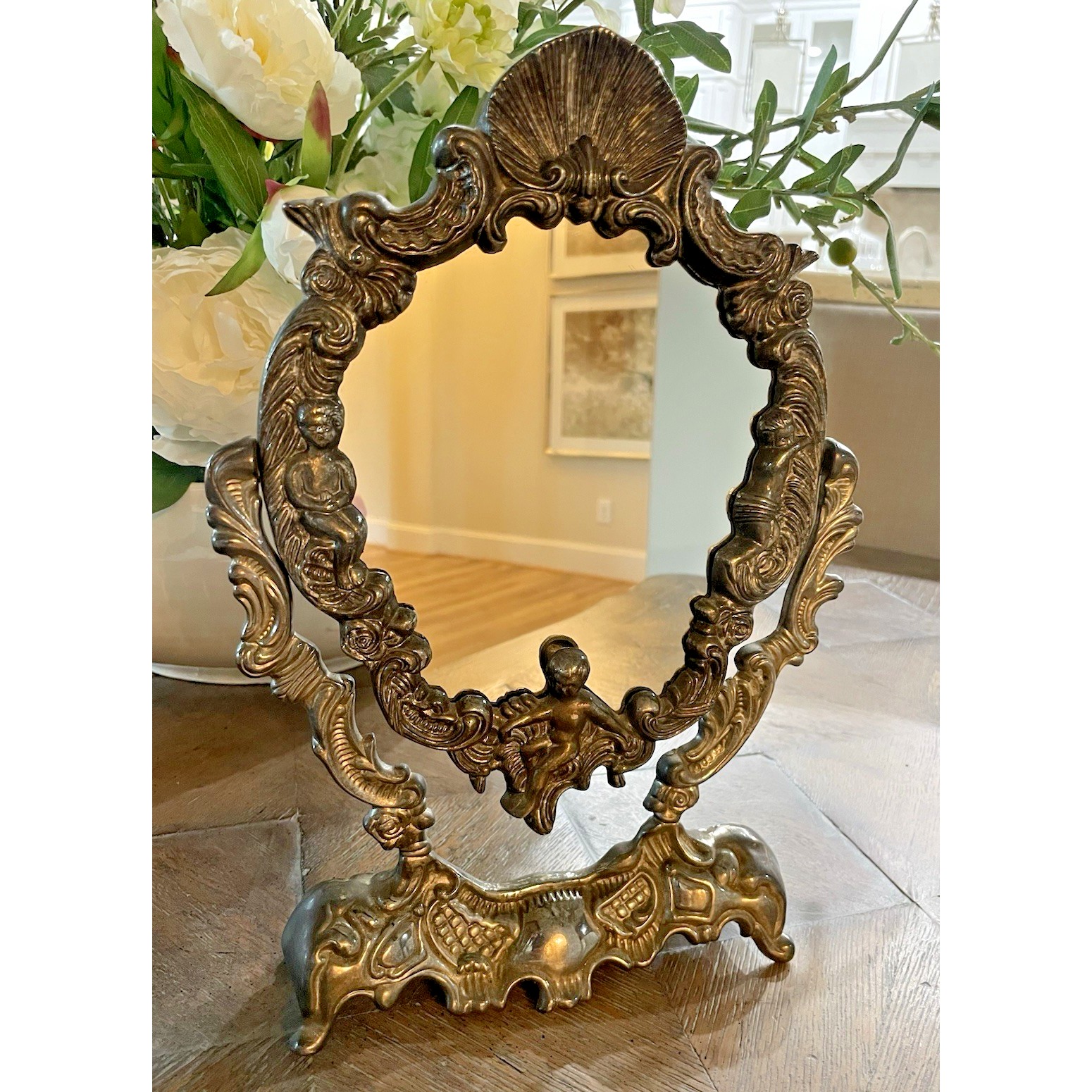 Vintage Silver Plated Baroque Tilting Vanity Mirror Ornate Cherubs Designs