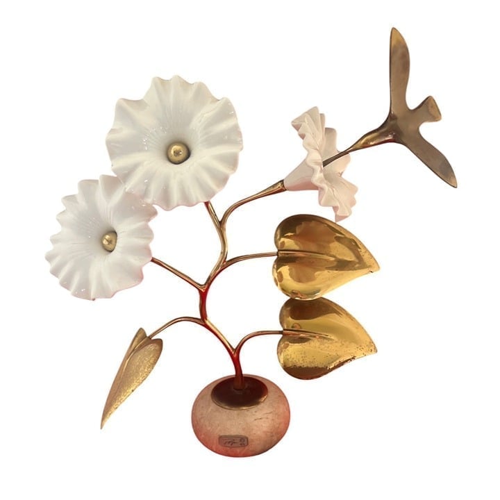Brian Bijan 1985 Brass and Porcelain flower sculpture with hummingbird 14”