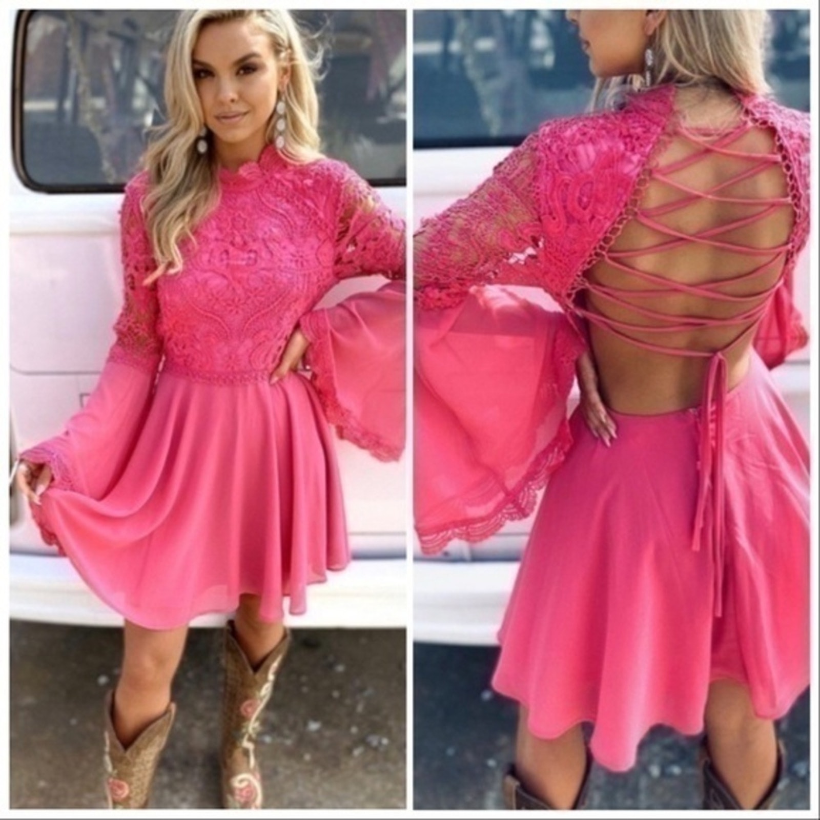 NWT Southern Fried Chics pink lace up mini dress bell sleeve XXL
