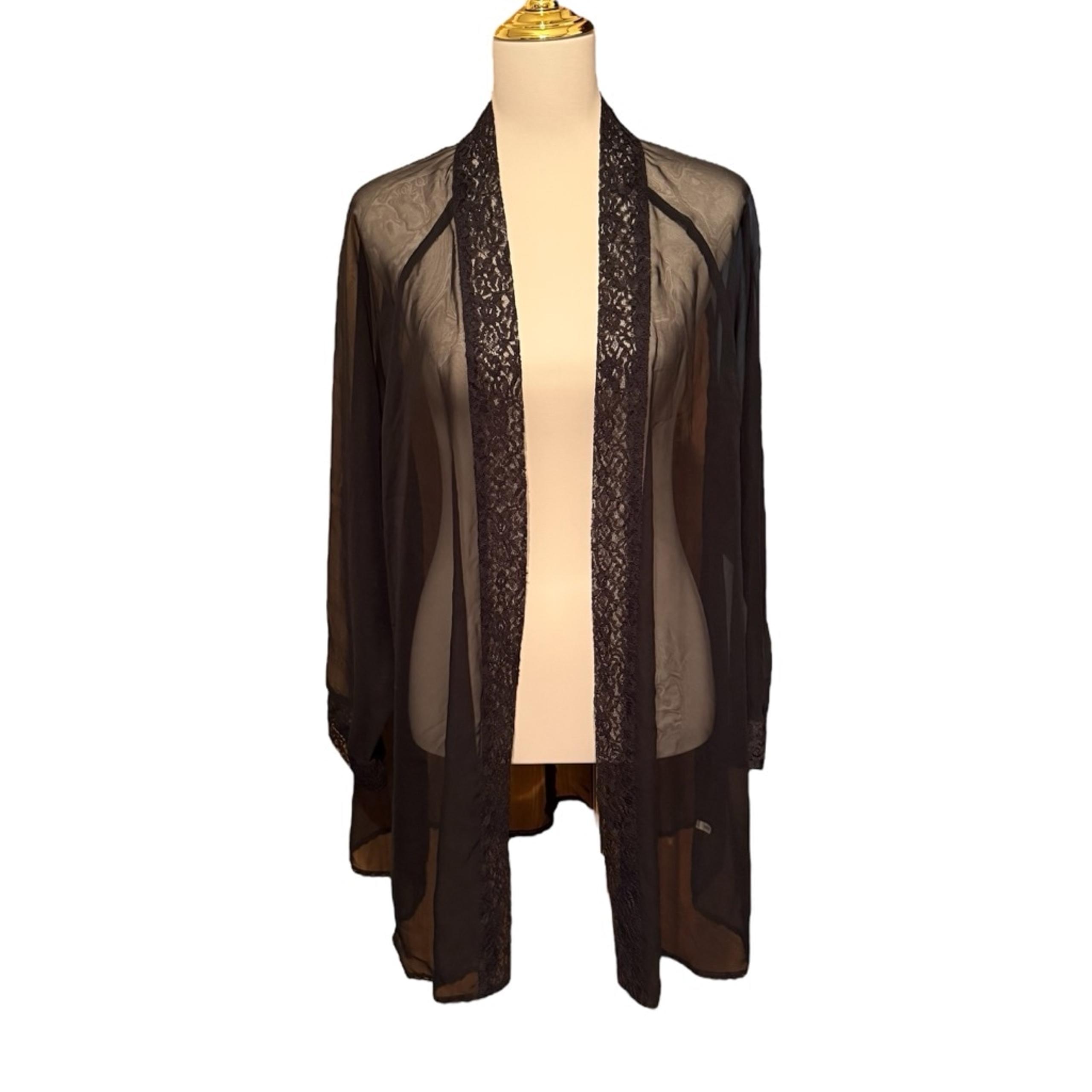 Women's Victoria's Secret Black Sheer Lace Trim Gold Label Robe Kimono Size M