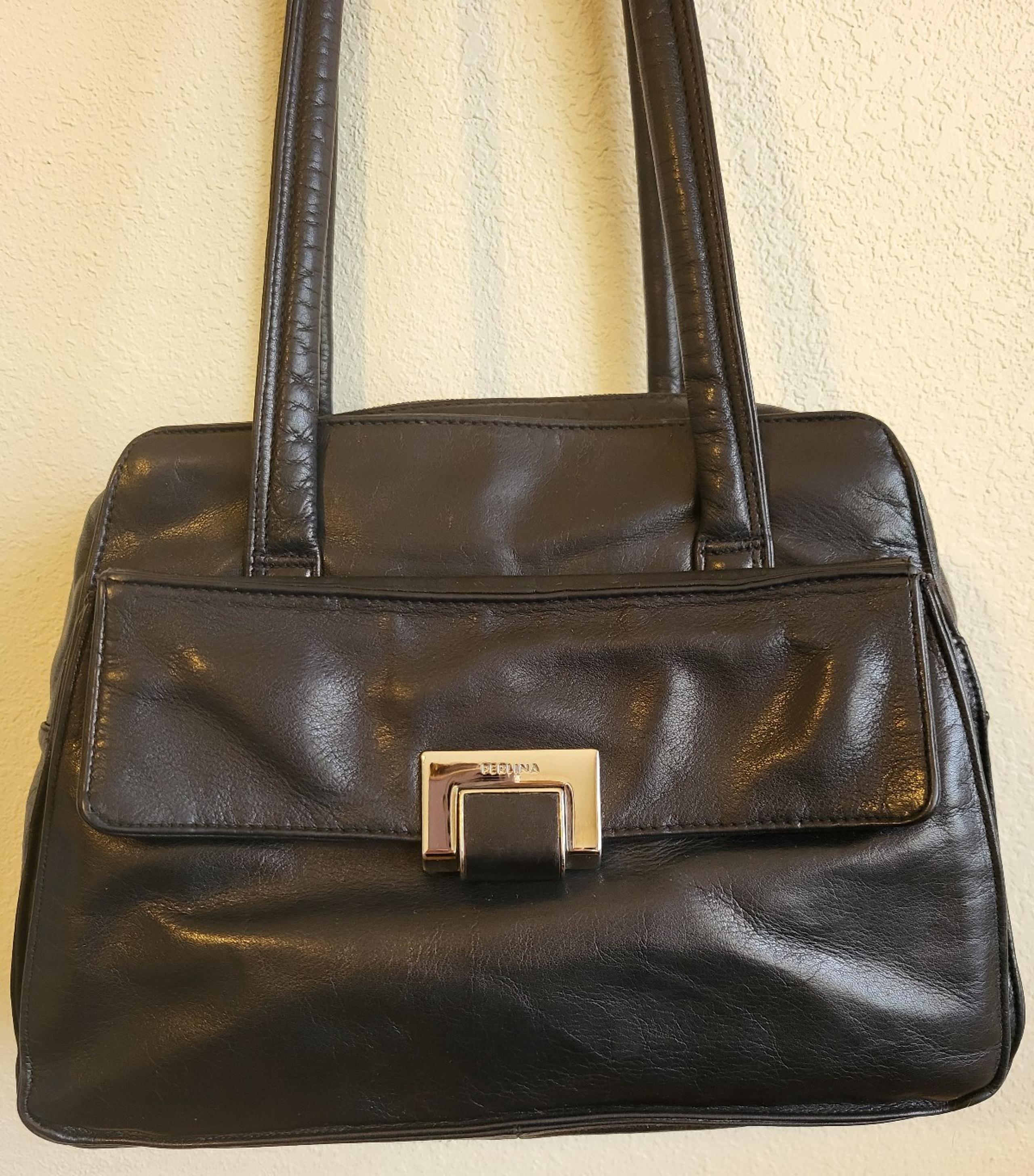Perlina New York vintage black smooth soft leather double handle shoulder bag.