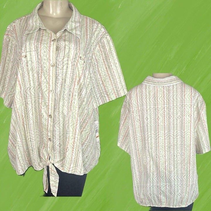 Alfred Dunner +24W Green-Coral Geo-Striped Button Tie Waist Short Sleeve Shirt