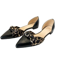 J. Crew Pointed-Toe Black Leather Knot Flats w/ Leopard Print Satin Bow Size 8.5