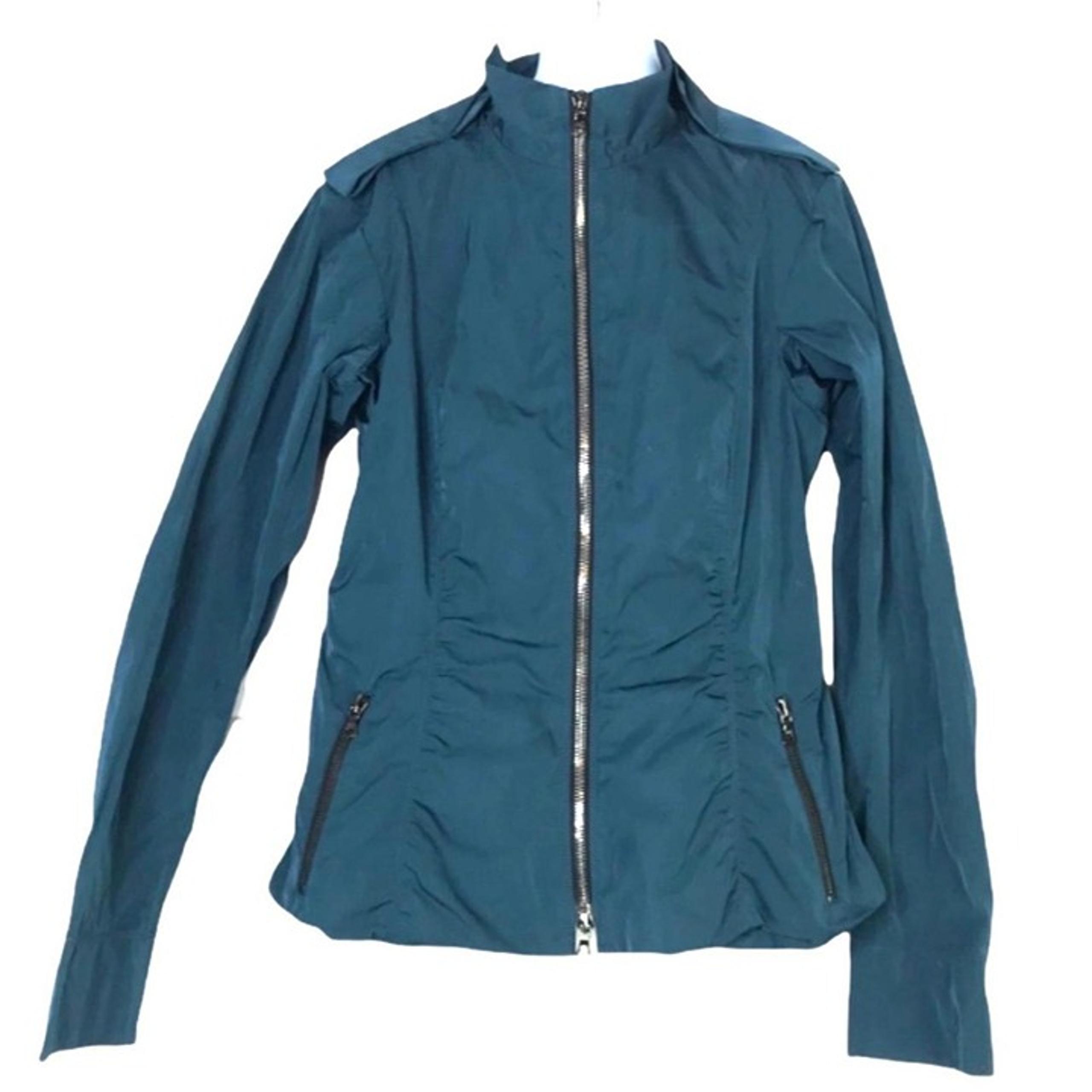 Lida Baday Zip Up Mock Neck Fitted Jacket 2 Teal Peacock Blue Made in Canada