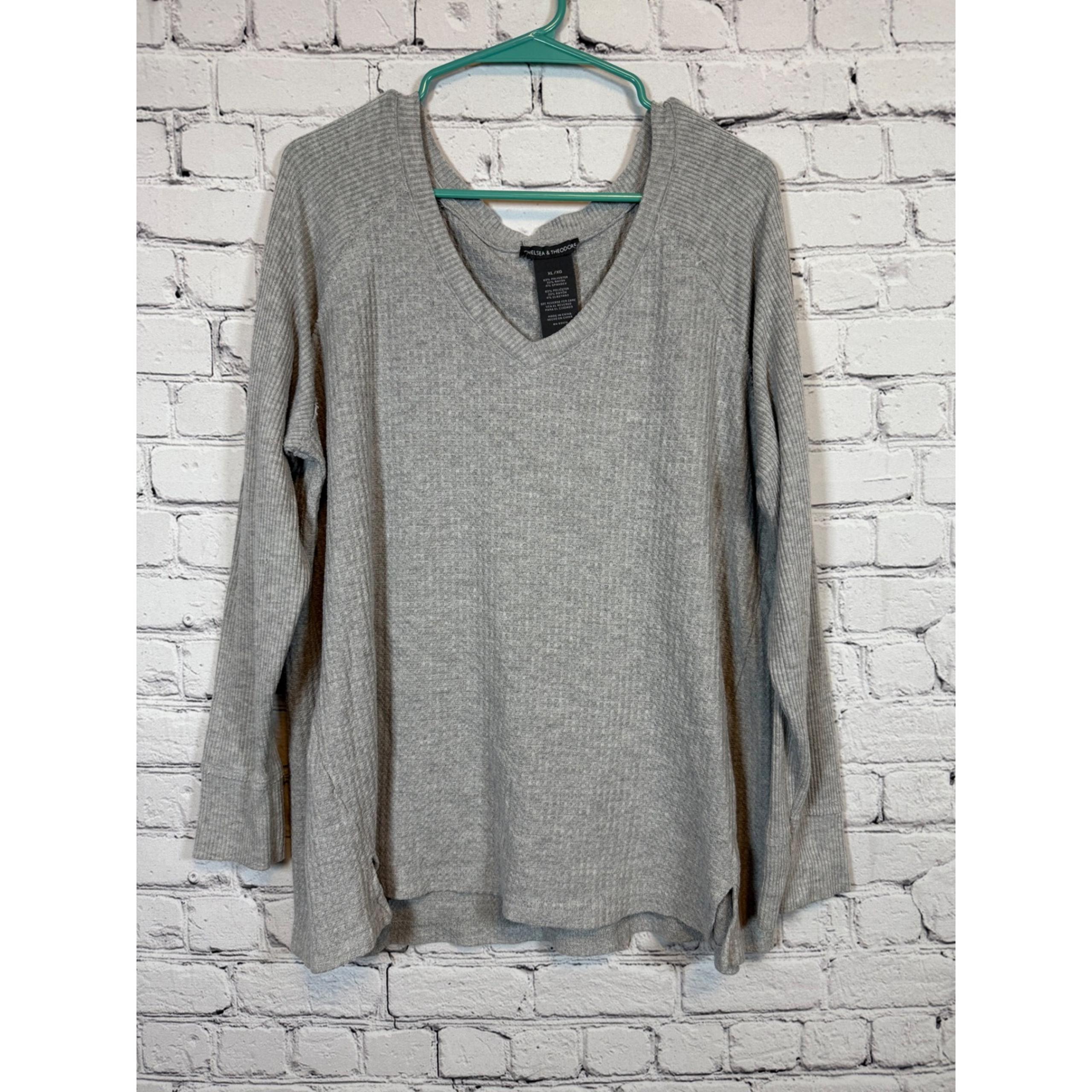 Chelsea & Theodore V-Neck Tunic Top Long Sleeve Ribbed Knit Gray Size XL