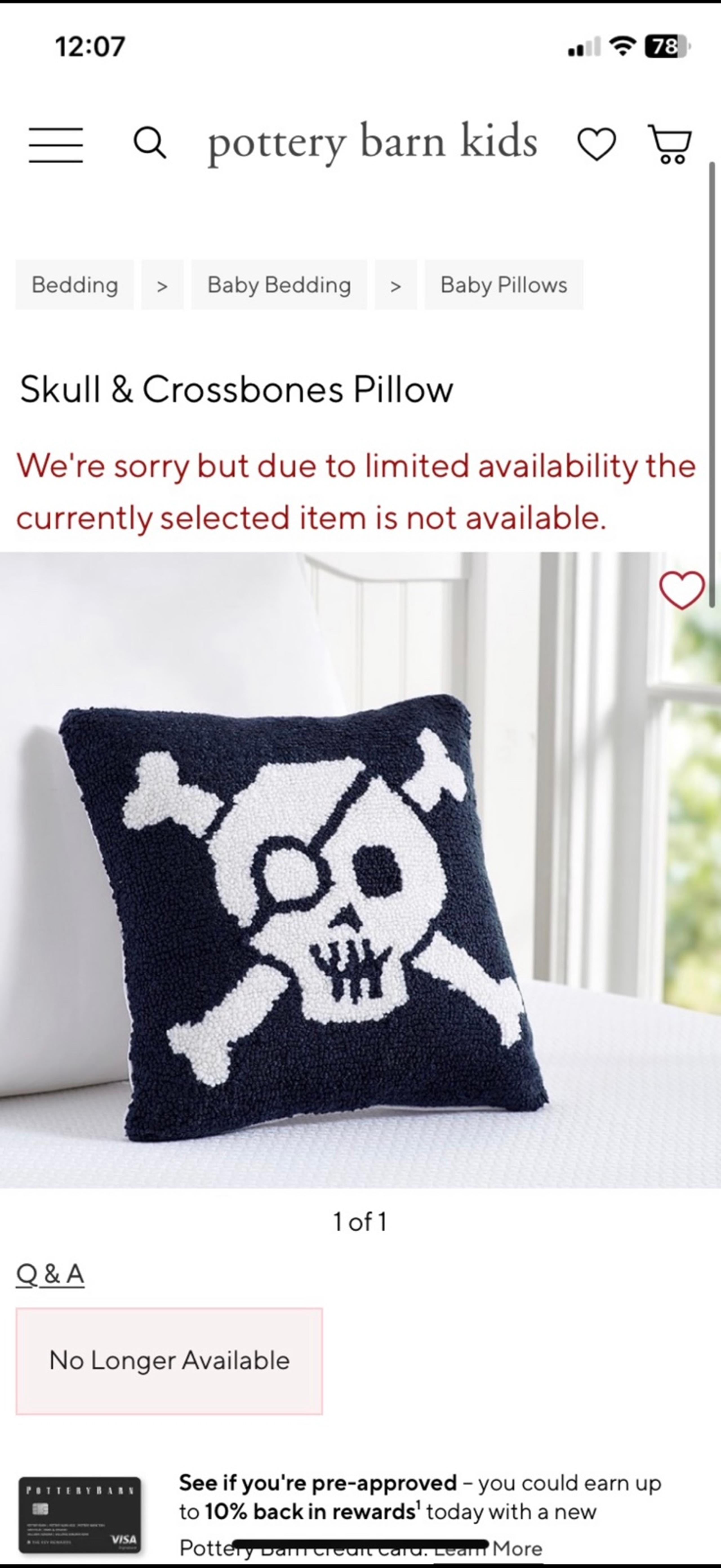 Pottery barn kids pirate crossbones pillow