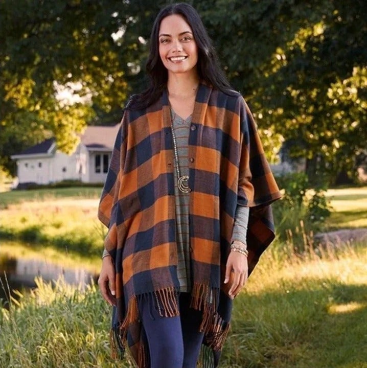 Matilda Jane O/S Warm Sunset Orange Navy Buffalo Plaid Check Fringe Poncho Boho