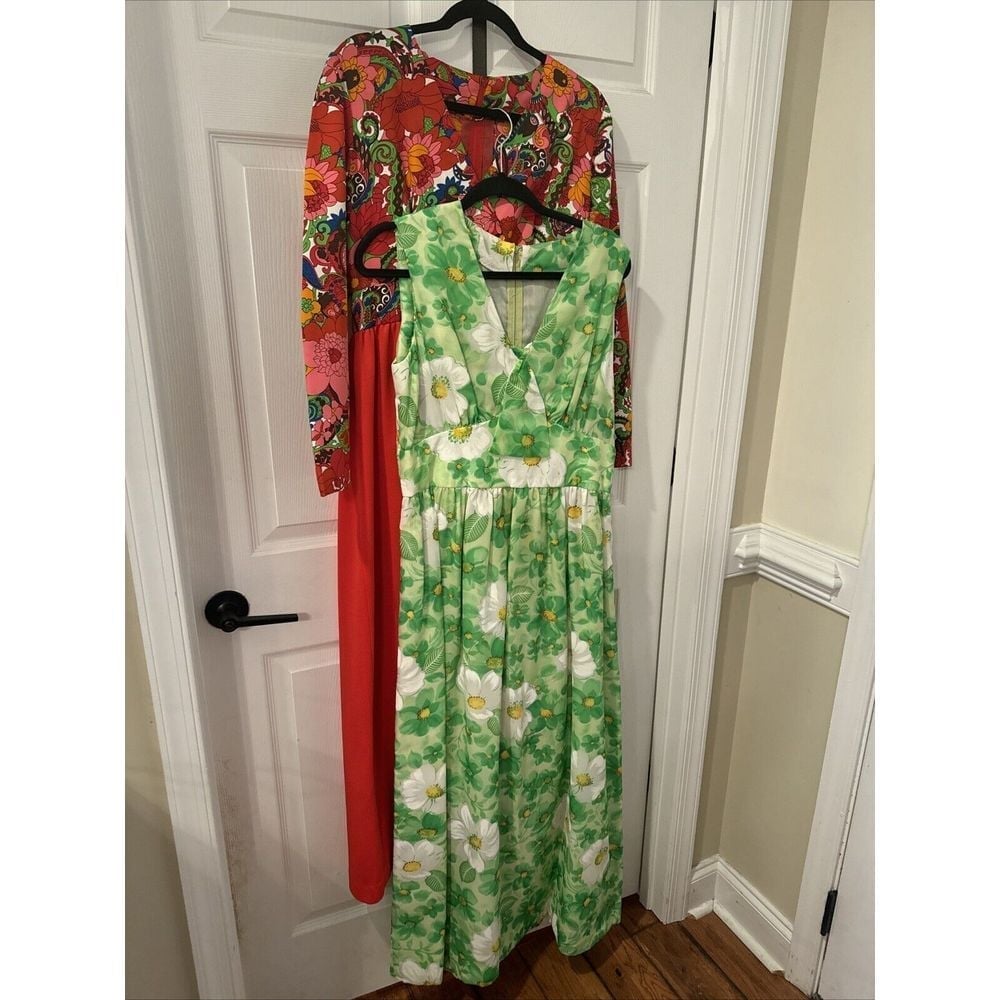 2 Vintage 70s Handmade Dress Red 3/4 Sleeve & Green Sleeveless Floral Long Funky