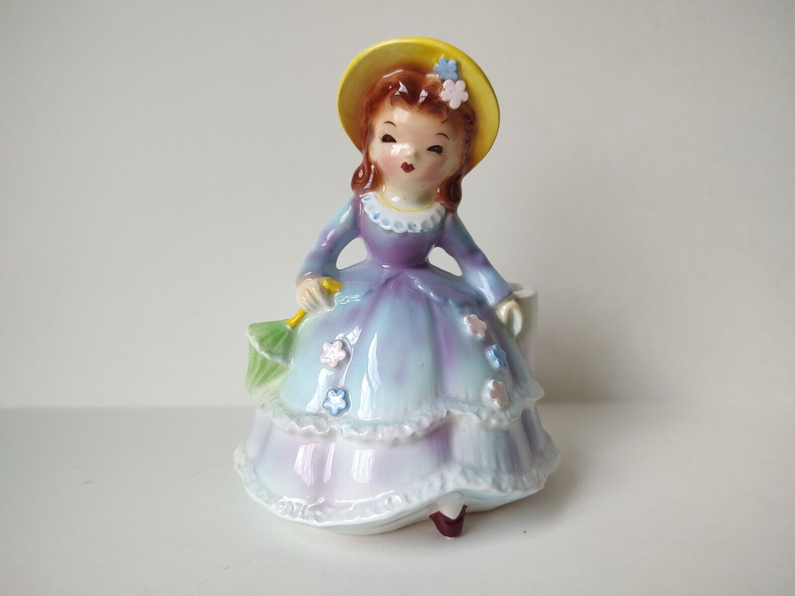 Vintage ceramic planter Lefton girl in blue with umbrella