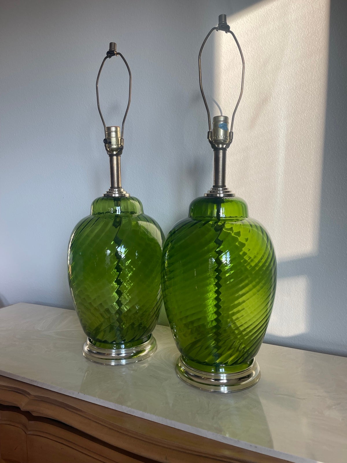 MCM pair large emerald green swirl lamps