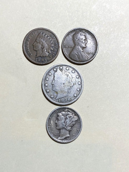 Lot of 4 US coins - 1897 & 1909 Penny, 1906 Nickel, 1943 Dime