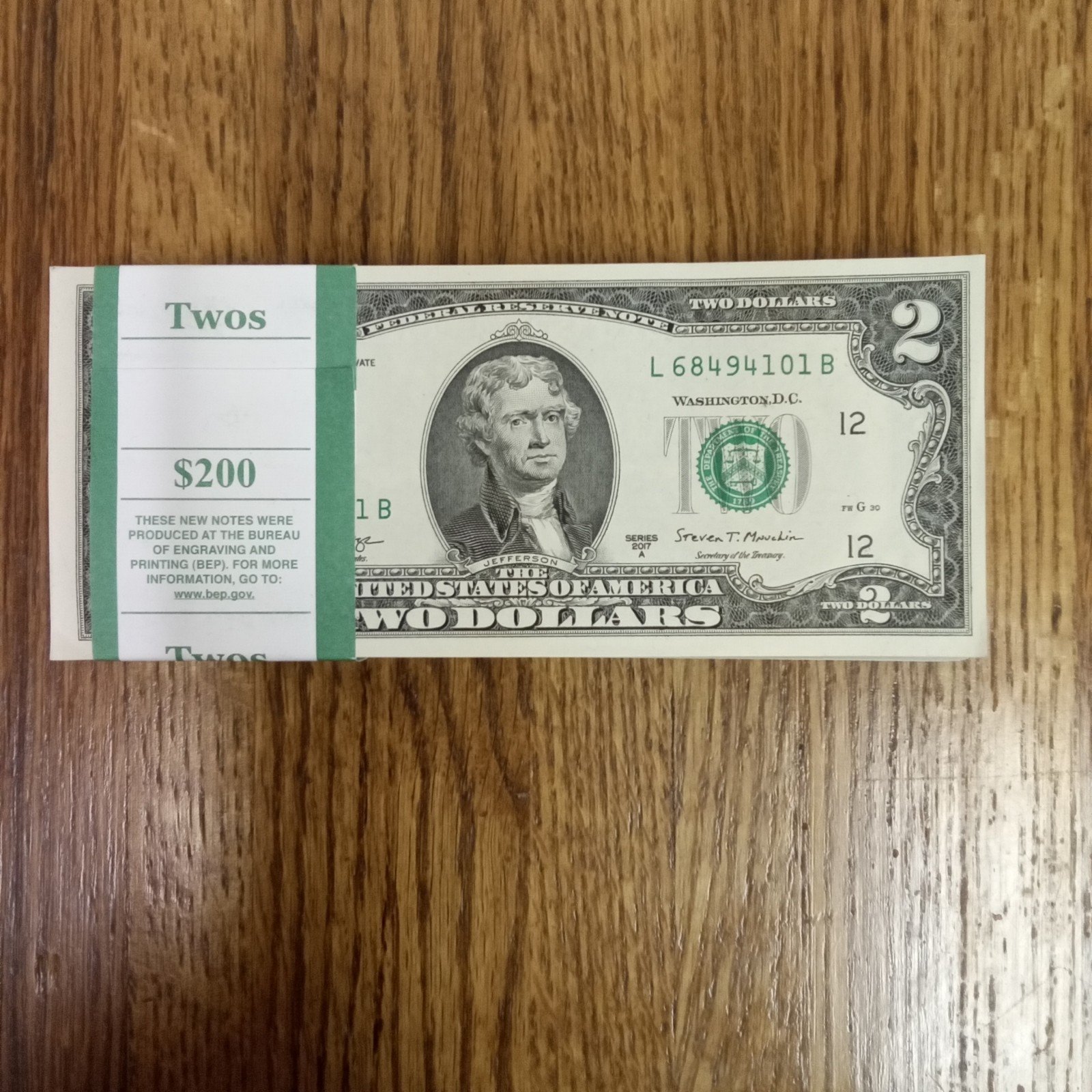 100 TWO DOLLAR BILLS - 2 UNCIRCULATED SEQUENCIAL - 2017A With BEP Strap