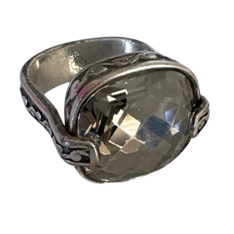 Brighton Retired Venus Rising Smoky Quartz Swarovski Crystal Scroll Ring Silver