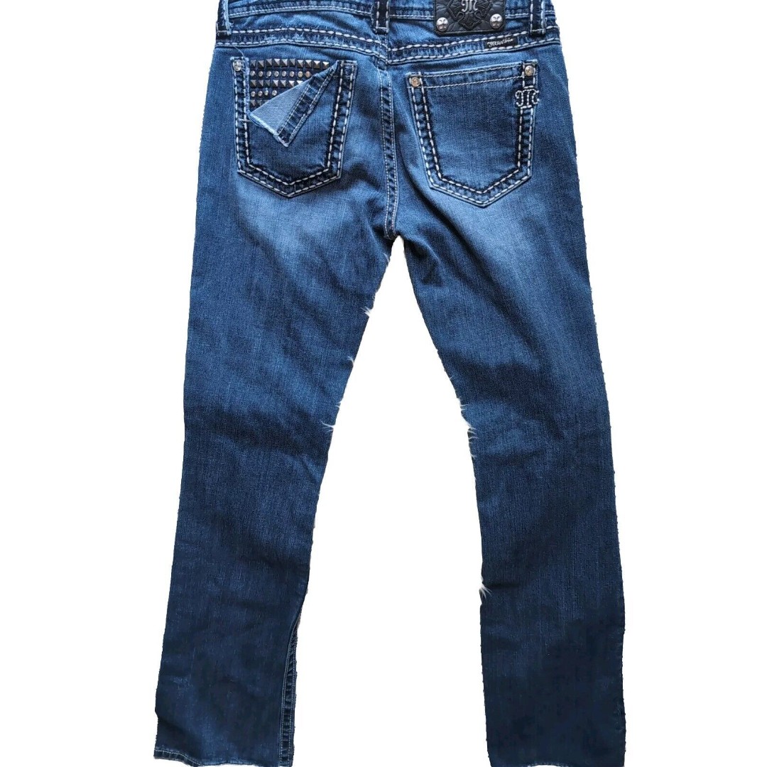 Womens Miss Me Low Rise Flare Boot Jeans Studded Back Pocket 30X35 Medium Wash