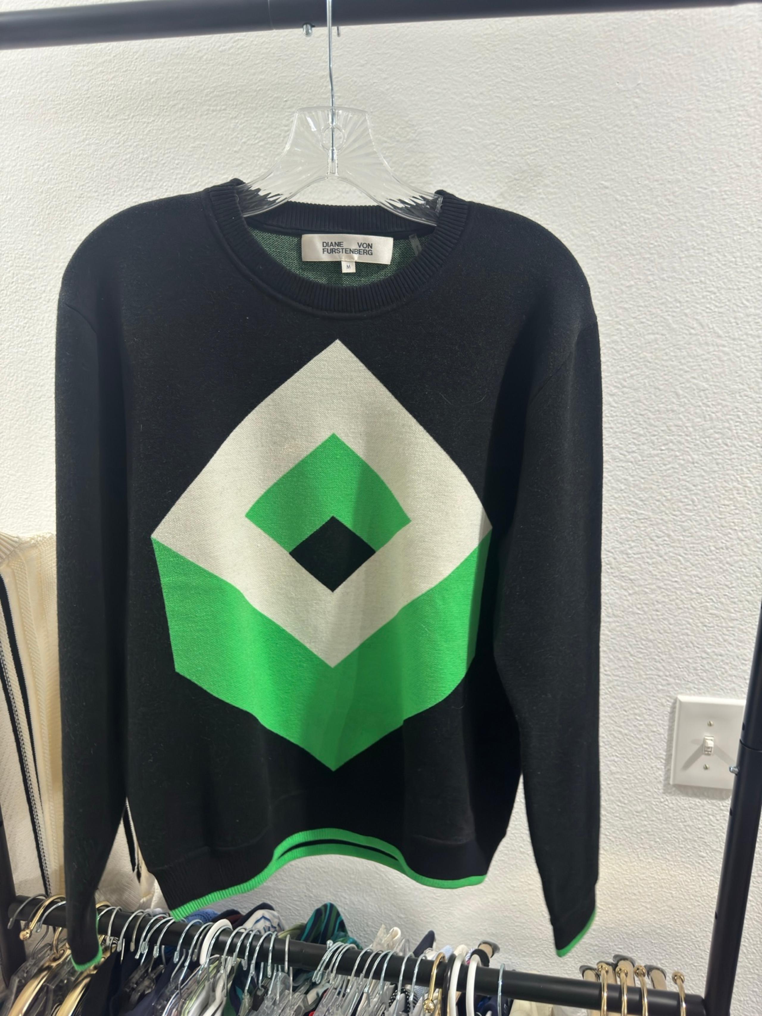 Diane von Furstenberg "Cube" sweater with graphic at front.