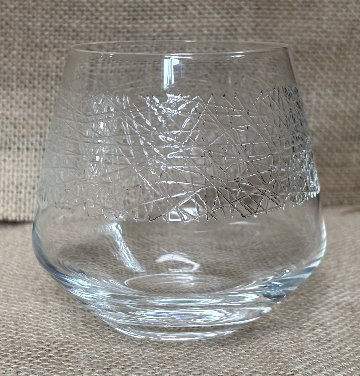 Ceska Etched Crystal Tumbler Glass Candle Holder Single 4 Inches Abstract Rare