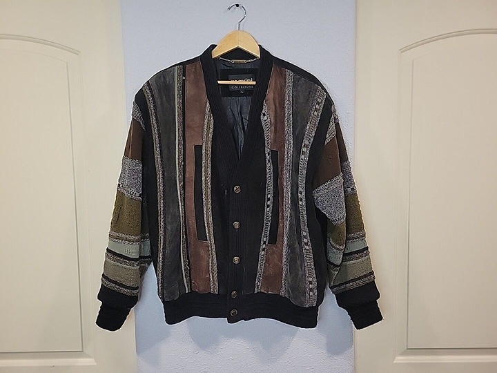Maxini Collezione Vintage Leather Suede Sweater Jacket Coogi Inspired Size Large