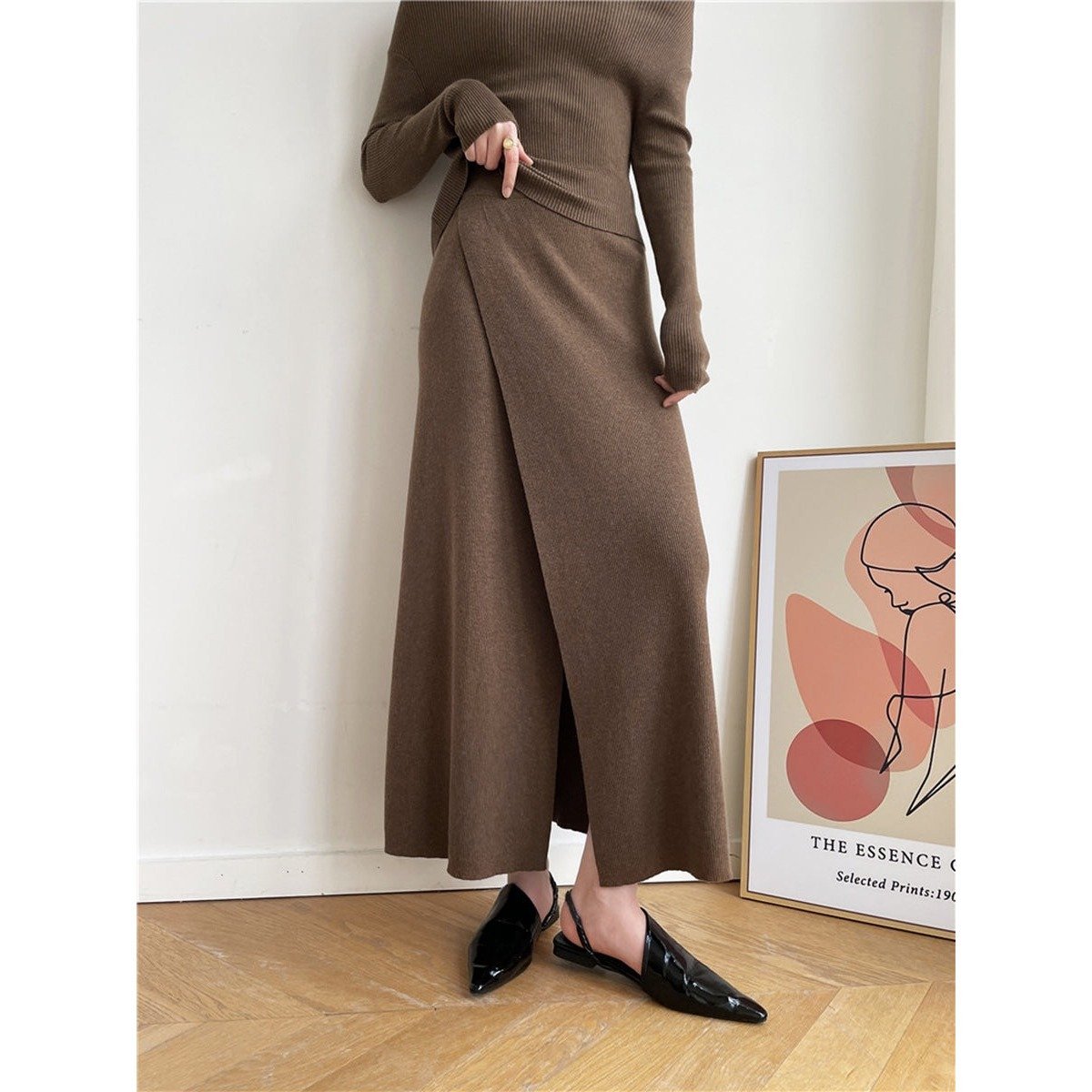 Commense Knit Maxi Skirt High Waist Split Front Casual Brown Size M