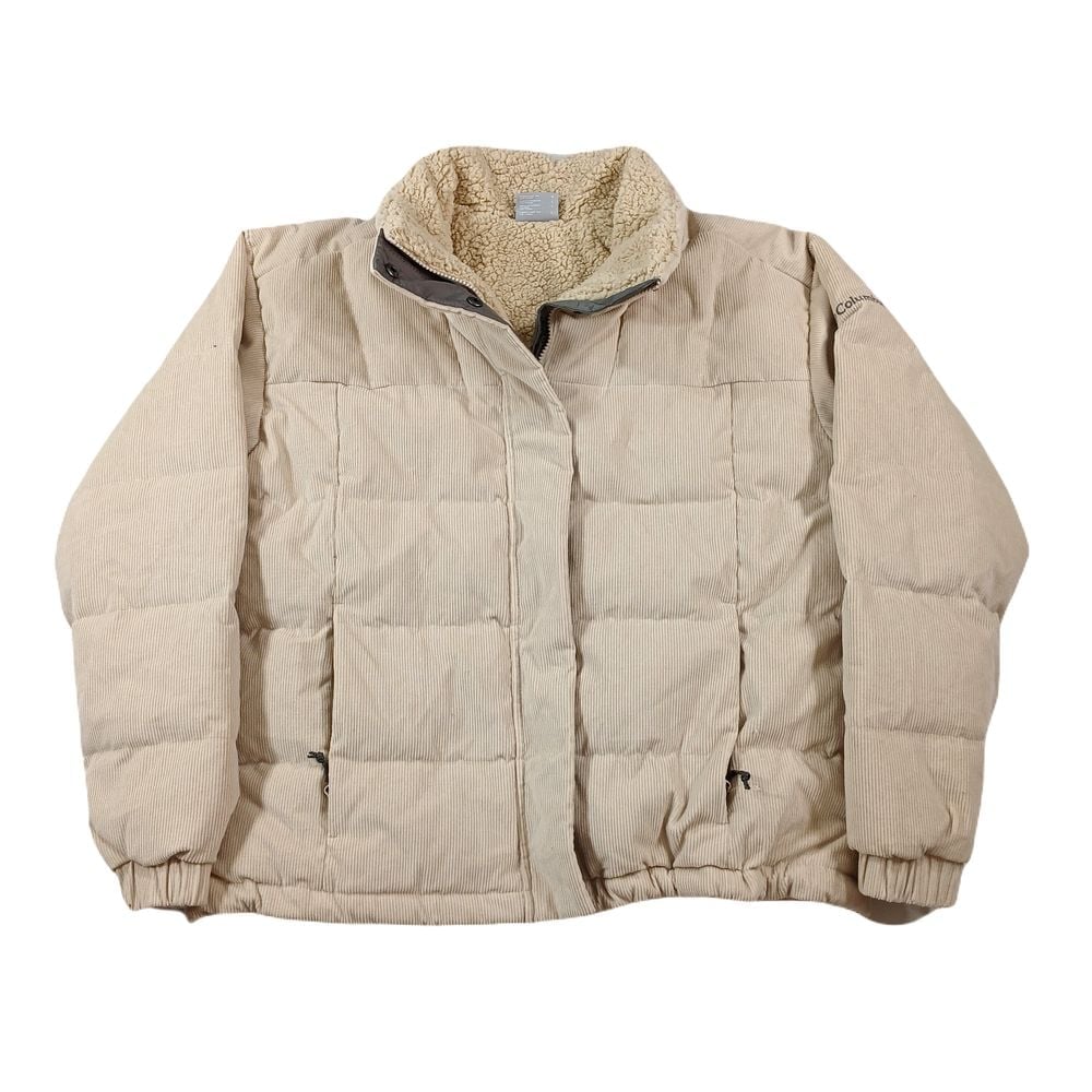 Columbia Down Sherpa Puffer Jacket Womens Large Stone White Corduroy Ruby 240