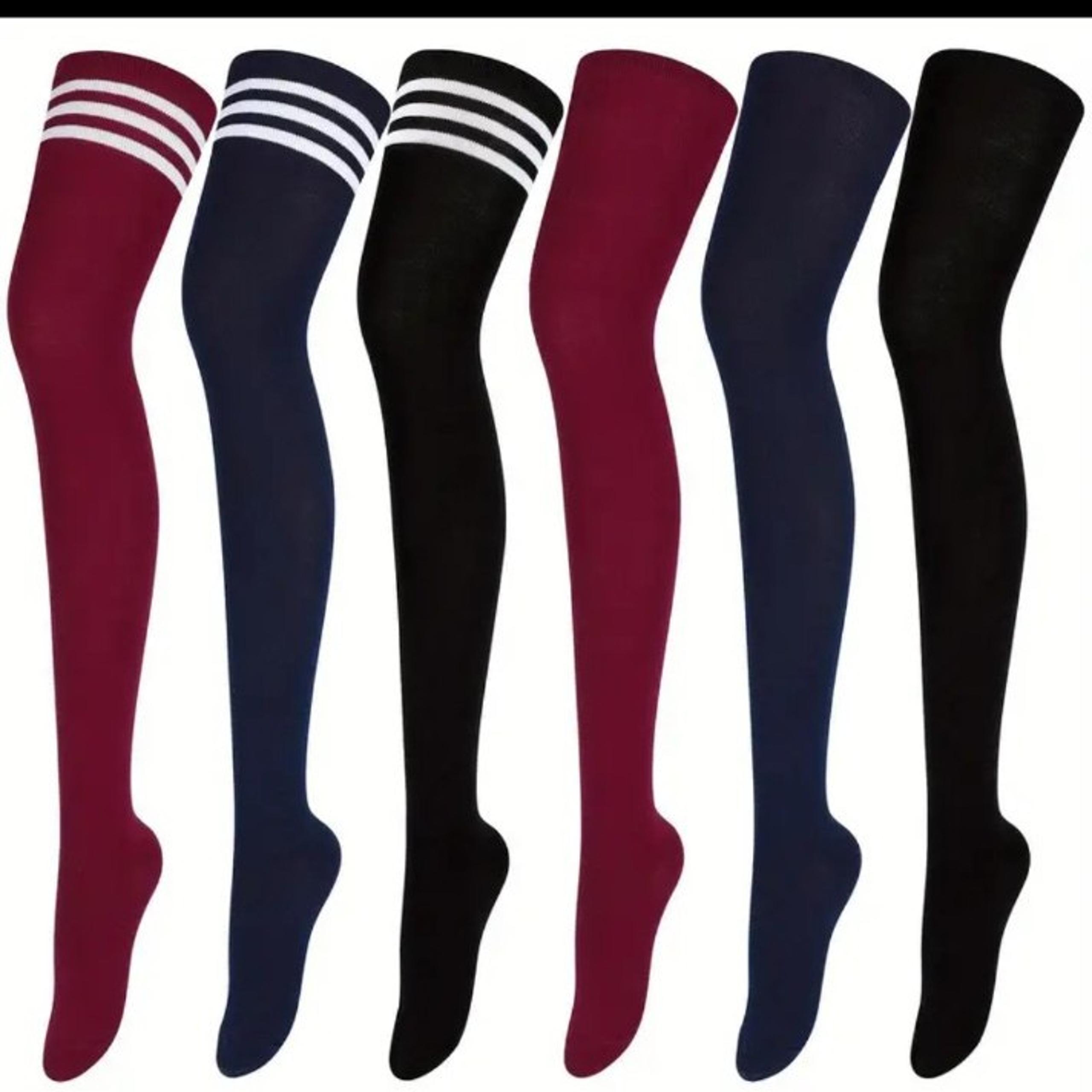 6 pair of Black Blue & Burgandy Striped Thigh High Socks with Striped Design