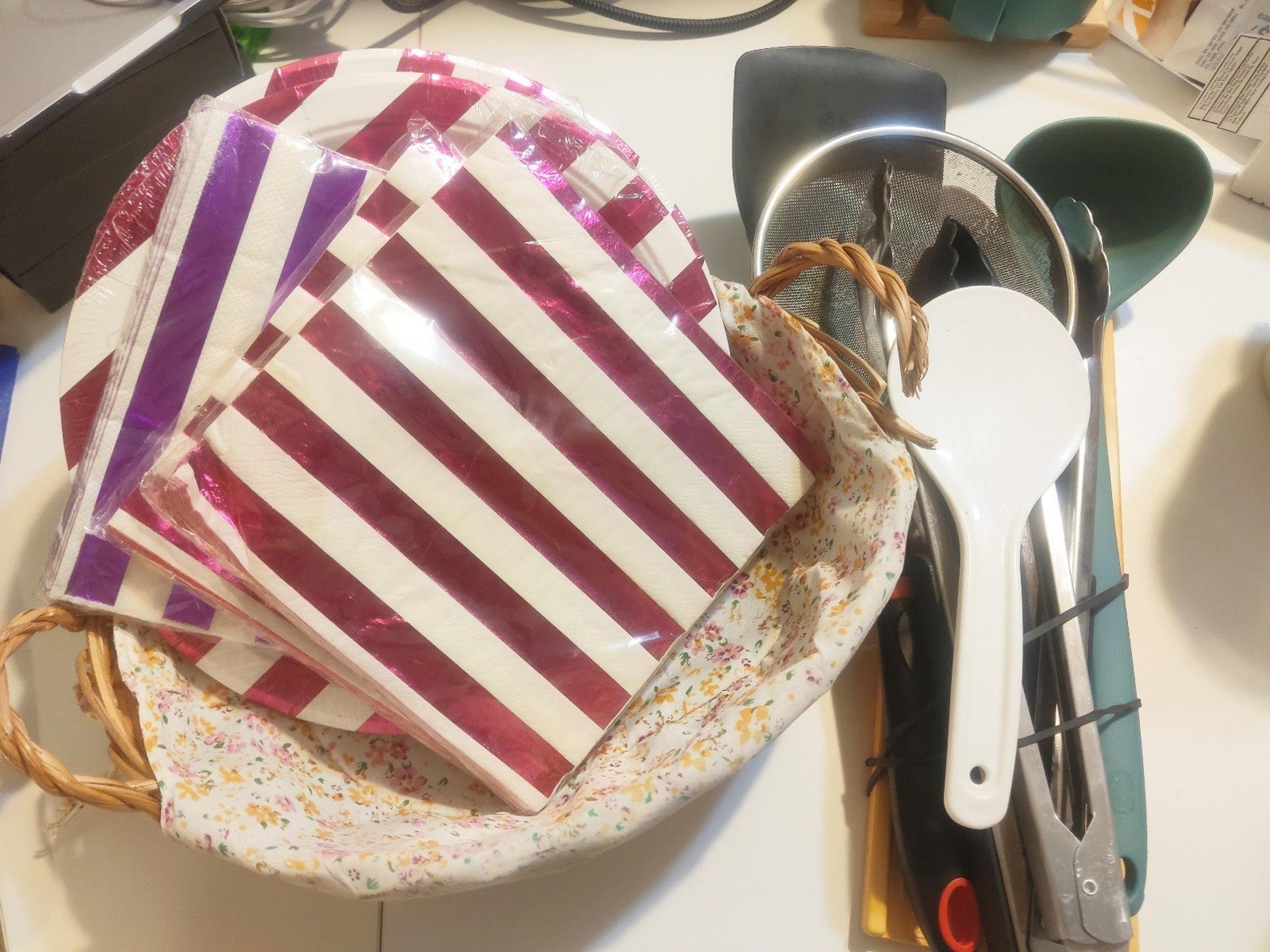 Kitchen Utensils Varied Plates Napkins Basket