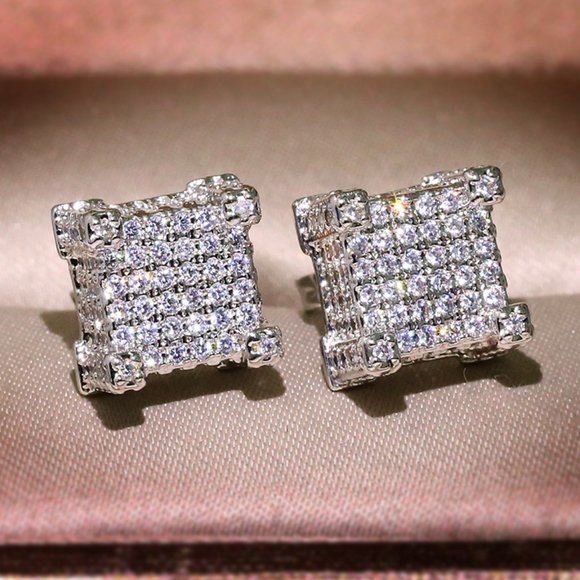 18K White Gold Diamond Square Earrings