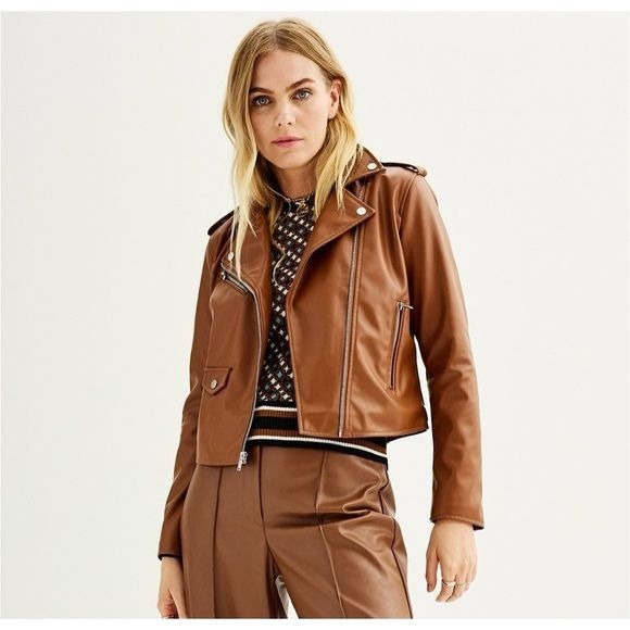 NWT Nine West Faux-Leather Moto Jacket Brown Size L