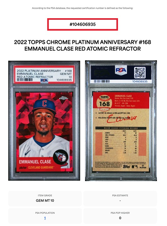 2022 Topps Platinum Anniversary Emmanuel Clase Red Atomic 11/100 PSA 10 POP 1