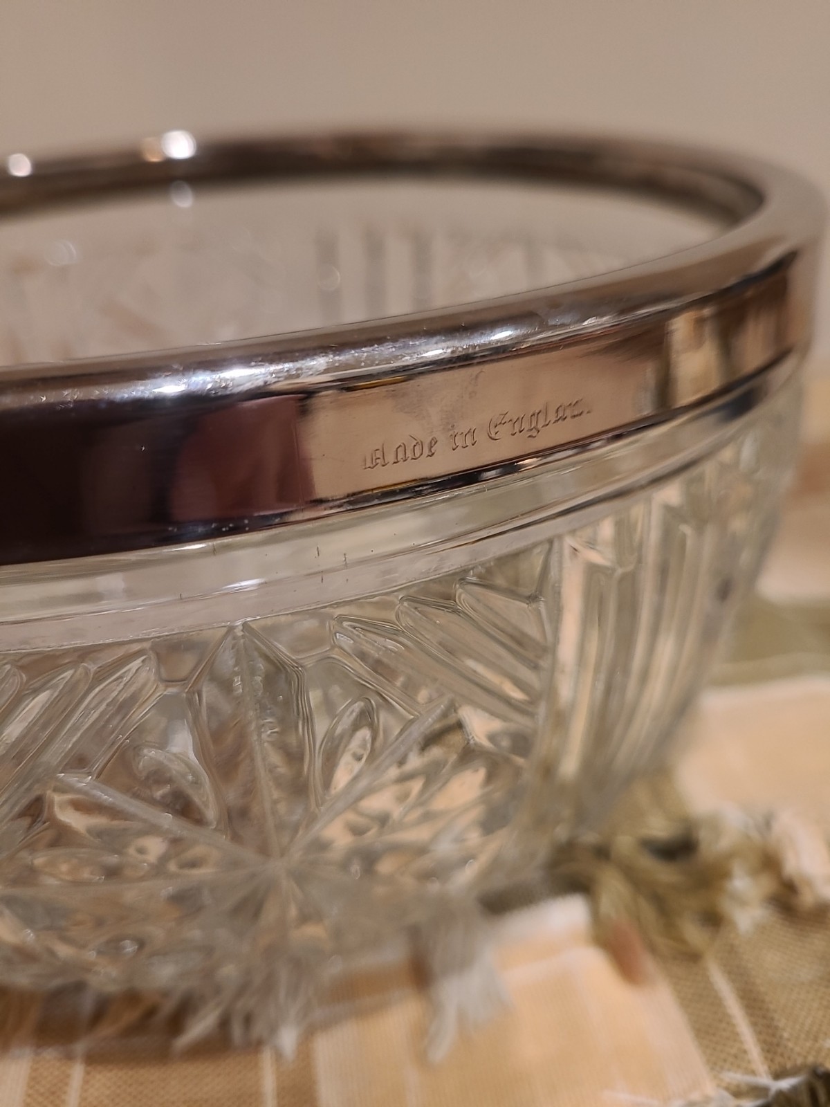 Vintage Clear Crystal Bowl Silver Plated Rim Made In England