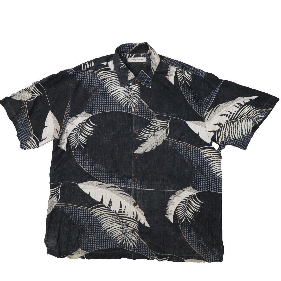 Tommy Bahama Men's Black Cream Tropical Leaf Silk Button Up Shirt size XL
