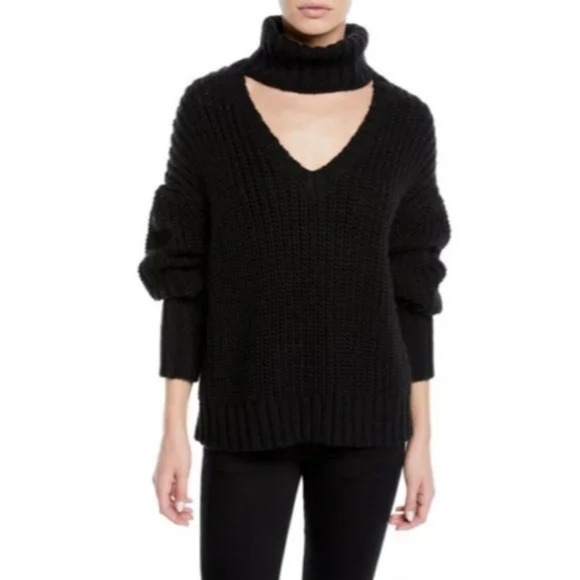Cinq a Sept Adia Cut Out Turtleneck Sweater Black Knit Wool Blend Size XS